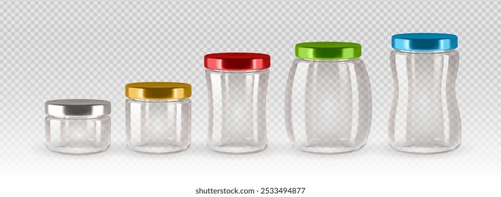 Five transparent glass jars with colorful lids in varying sizes arranged in a row on a transparent background. Canning and storage vector illustration.