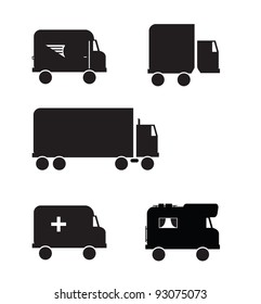 Five Transportation Vehicle Icons. Black transportation vehicle icons. All unique services.