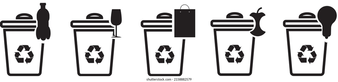 Five trash bins for plastic, glass,  for waste recycling