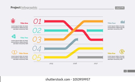 Five trends charts slide template. Business data. Year, graphic, design. Creative concept for infographic, report. Can be used for topics like research, banking, finance.