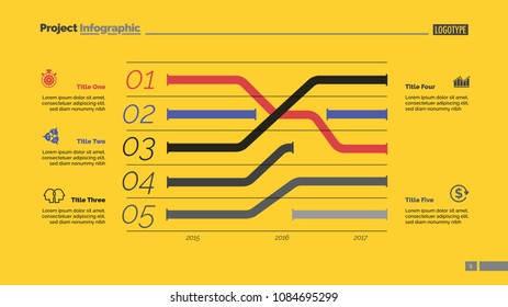 Five trends charts slide template. Business data. Year, graphic, design. Creative concept for infographic, report. Can be used for topics like research, banking, finance.