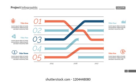 Five trends charts slide template. Business data. Year, graphic, design. Creative concept for infographic, report. Can be used for topics like research, banking, finance.