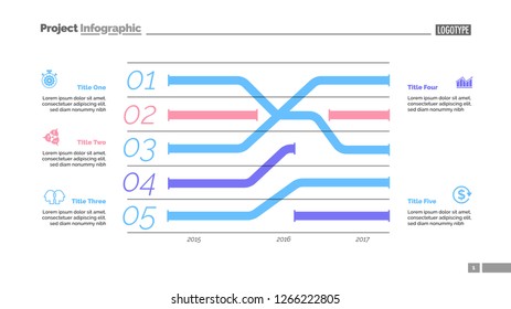 Five trends charts slide template. Business data. Year, graphic, design. Creative concept for infographic, report. Can be used for topics like research, banking, finance.