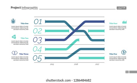 Five trends charts slide template. Business data. Year, graphic, design. Creative concept for infographic, report. Can be used for topics like research, banking, finance.