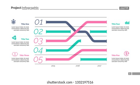 Five trends charts slide template. Business data. Year, graphic, design. Creative concept for infographic, report. Can be used for topics like research, banking, finance.