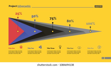 Five triangles percentage chart slide template. Business data. Percent, stage, design. Creative concept for infographic, presentation, report. For topics like finance, analytics, statistics.
