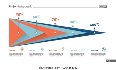 Five triangles percentage chart slide template. Business data. Percent, stage, design. Creative concept for infographic, presentation, report. For topics like finance, analytics, statistics.