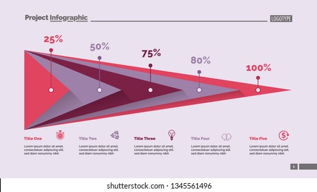 Five triangles percentage chart slide template. Business data. Percent, stage, design. Creative concept for infographic, presentation, report. For topics like finance, analytics, statistics.