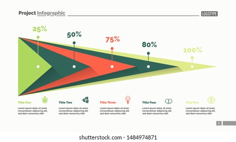 Five triangles percentage chart slide template. Business data. Percent, stage, design. Creative concept for infographic, presentation, report. For topics like finance, analytics, statistics.