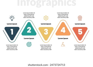 Five Triangles Representing Business Vision Features, Simple infographic design template. Flat vector illustration for presentation.


