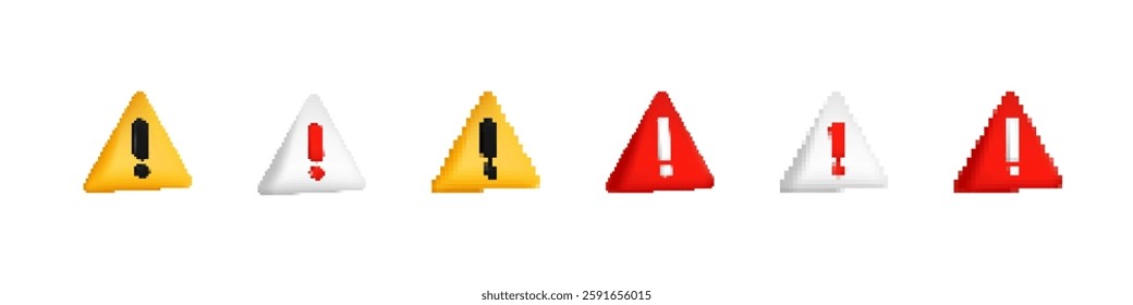 Five triangular warning alert icons feature exclamation and caution symbols in vibrant colors.