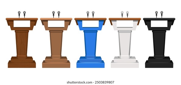 Five tribunes stands set isolated on white background. Vector realistic illustration of podium for debates, lectures, press conferences, seminar speakers, presentation furniture with microphones. Wood