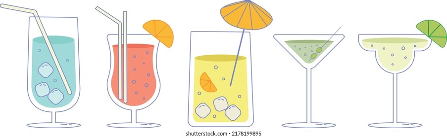 five tropical cocktails. vector alcoholic drinks. colorful illustration