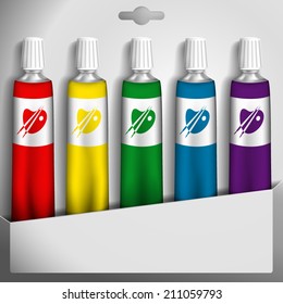 Five tubes of paint in a box. Vector illustration.