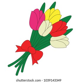 Five Tulip Bouquet cartoon. Outlined illustration with thin line black stroke