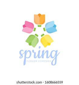 Five Tulip Flower Logo. Flora Star shape Icon. Beauty Symbol Design stock vector logotype.