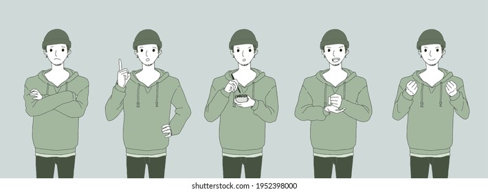 Five types of illustrations in which man in a foodie learns