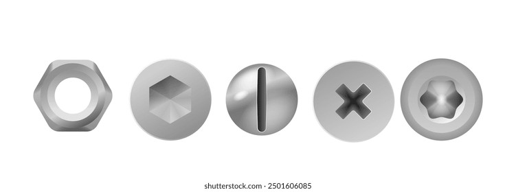 Five Types Of Metallic Fasteners Including Screws And Bolts Arranged In Line. Realistic 3d Vector Different Head Shapes