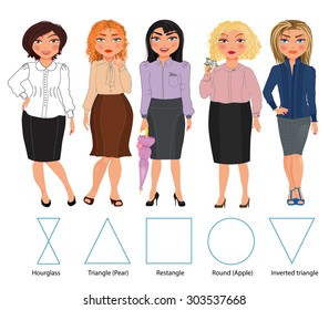 Five types of woman figures in business dresses: hourglass, triangle, rectangle, round and inverted triangle, vector hand drawn illustration