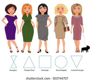 Five types of woman figures in business dresses: hourglass, triangle, re?tangle, round and inverted triangle, vector hand drawn illustration