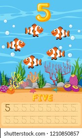 cinco ilustraciones de la hoja de cálculo de peces submarinos