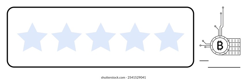 Five unfilled stars are lined up with a Bitcoin symbol connected to digital circuits. Ideal for cryptocurrency, Bitcoin evaluations, tech reviews, digital security, fintech presentations. Simple