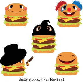 Cinco personagens de hambúrguer exclusivos, cada um com expressões e acessórios distintos, empilhados com alface fresca, queijo, tomate e tortas.