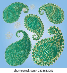 Five unique paisley elements in trendy green and gold colors.