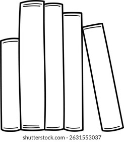 Five upright books drawn with clean lines and simple shapes. The books are aligned in a neat row with one slightly leaning. Cartoon vector illustration.