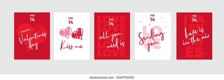 Five Valentines Day Cards Love, Hearts, Kisses, February 14