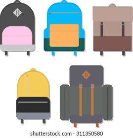 Five variations of colorful flat backpacks, set