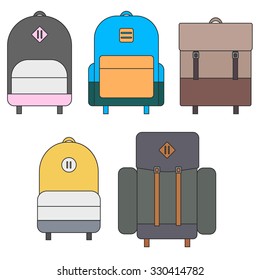 Five variations of colorful flat backpacks, set.