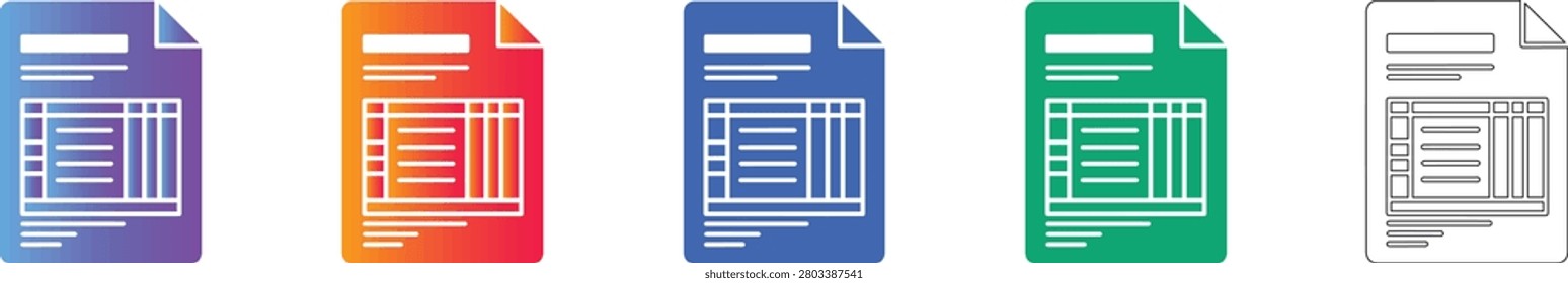 Five variations of a document icon featuring a detailed report layout, including gradient and line art designs. Suitable for business analysis, documentation, and reporting interface elements.
