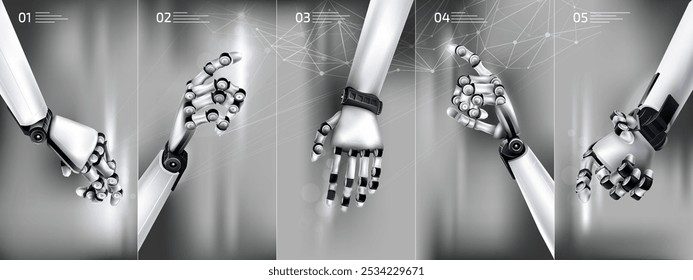 Five variations of palms working in a virtual digital space