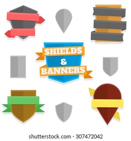 Five variations of shields with banners