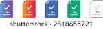 Five variations of signed document icons showing a checkmark and signature, perfect for illustrating contract finalization and legal approval processes in business software.