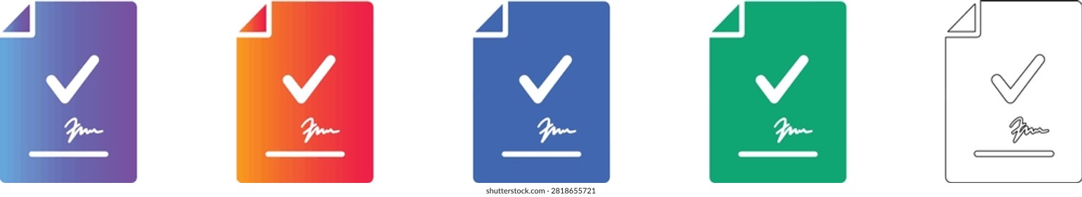 Five variations of signed document icons showing a checkmark and signature, perfect for illustrating contract finalization and legal approval processes in business software.