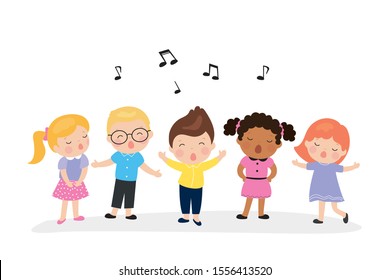 Five various cute kids sing a song. Cartoon Children's music group. Multiethnic preschooler artists isolated on white background. Flat vector illustration