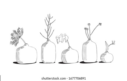 
Five vases. Vector illustration for coloring. Flowers in vases. Vases with flowers for the interior.