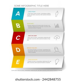 Plantilla de elementos de opciones de cinco pasos de bloque vectorial con descripciones, letras grandes en papel plegado horizontal blanco. Cinco pasos de tiras de papel plegadas horizontales de color fresco en secuencia con tareas descripción