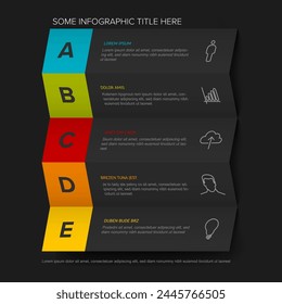 Five vector block steps options items template with descriptions, big letters on dark gray folded paper. Five fresh color horizontal folded paper stripe steps in sequence with tasks descriptions