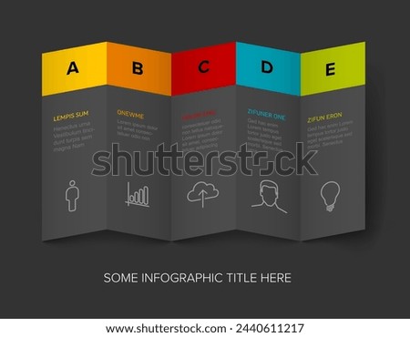 Five vector block steps options items template with descriptions, big letters on dark gray folded paper. Five fresh color horizontal folded paper stripe steps in sequence with task descriptions, icons