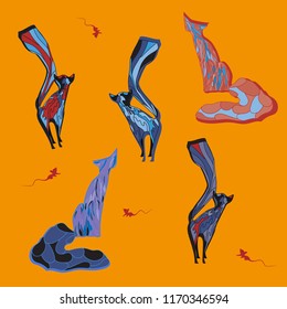 Five vector cats on orange background with mouses