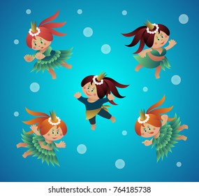 Five Vector Character Emotion Cartoon Princess of the Sea