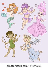 Five vector illustrations of fairy ladies from different fairies tales