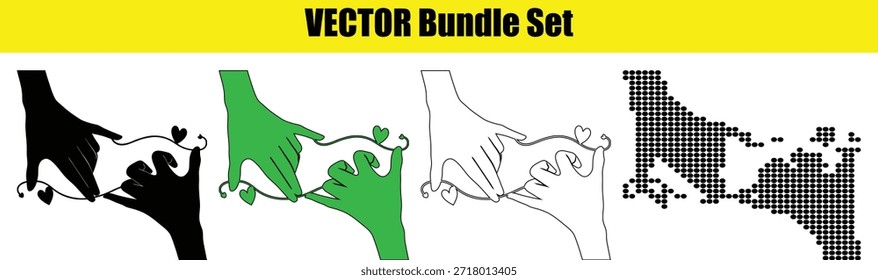 Five vector illustrations of hands holding hearts isolated on transparent background