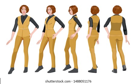 
five vector images of a standing turning woman. Front, profile, three-quarter, back. Female figure