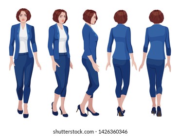 five vector images of a turning business woman. Front, profile, three-quarter, back