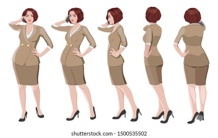 five vector images of a turning businesswoman talking on the phone. Front, profile, three-quarter, back. Female figure