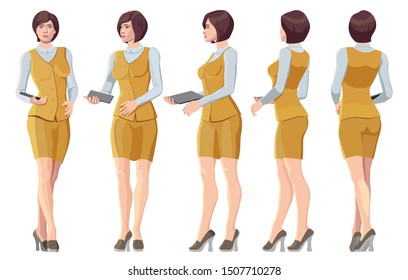 five vector images of a turning businesswoman. Front, profile, three-quarter, back. Female figure